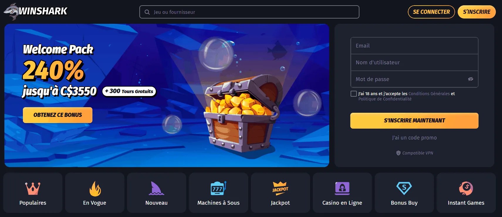 Winshark Page Accueil Page accueil du casino WinShark